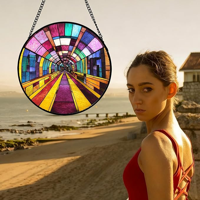 QZQCBLC Stained Glass Window Hanging Abstract Colorful Geometric Tunnel Large 15" - Suncatcher Door Garden Sun Catcher Decor Birthday Christmas for Woman Men Nana Friend Mom