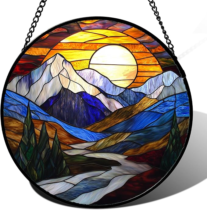 AMDERVEN Stained Glass Window Hanging, Yellow Blue Sunset Mountains Scenery Sun Catcher for Window Home Decor Landscape Suncatcher Mother's Day Birthday Gifts for Women Men Mom and Nana 9.8 in