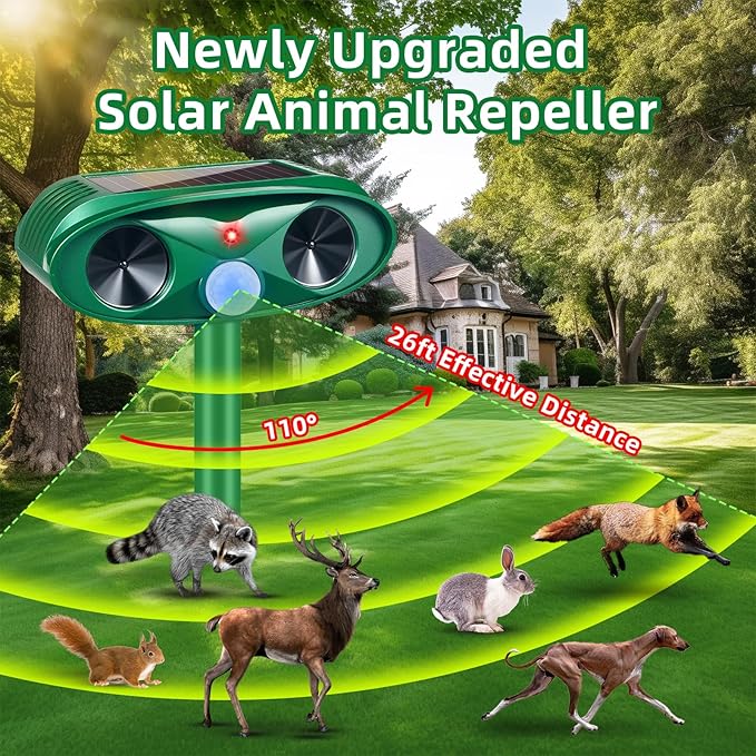 2026 Upgraded Solar Ultrasonic Animal Repellent Outdoor, Deer Repellent Devices & Cat Deterrent with Motion Sensor, Waterproof Solar Animal Repeller for Squirrel Dog Raccoon Rabbit for Yard Garden