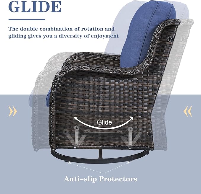 Belord 5 Pieces Patio Wicker Furniture Set - 4 Outdoor Swivel Rocker Glider Chairs with Propane Fire Pit Table, Warm Patio Conversation Set Blue Cushion Perfect for Casual Gathering