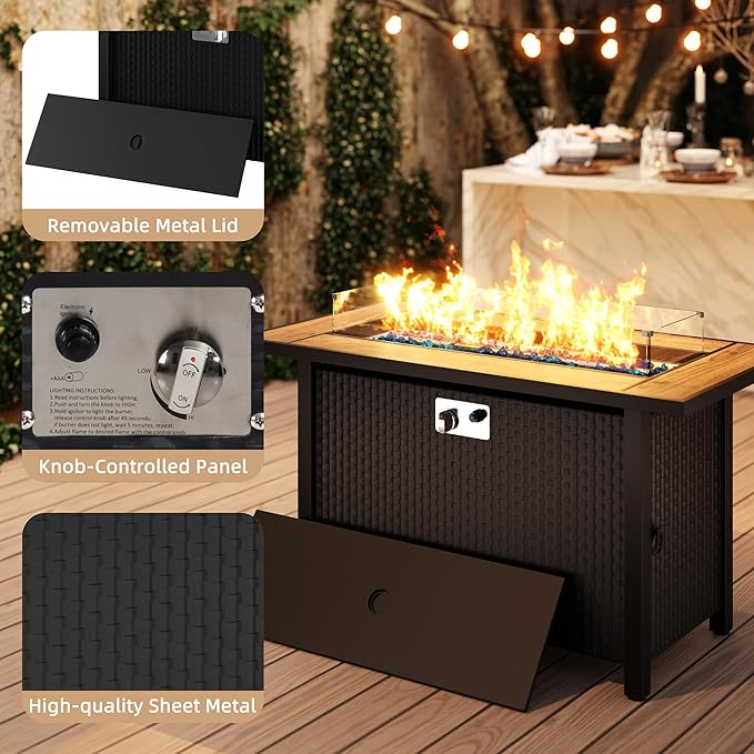 JAMFLY Propane Fire Pit Table 45 Inch, 50,000 BTU Outdoor Gas Firepit Table for Outside Patio with Glass Wind Guard, Blue Glass Rocks,Waterproof Cover, Black/Walnut Wood