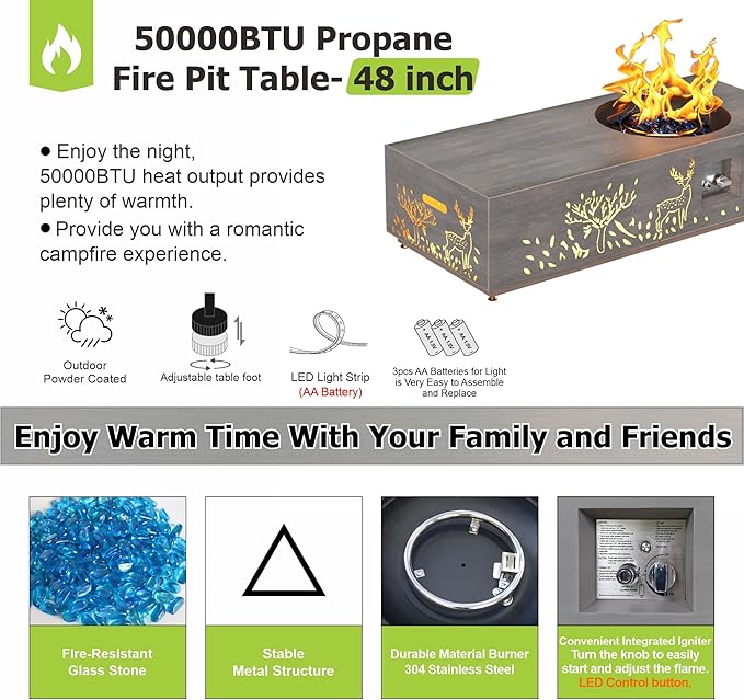Dineli 2-Piece Outdoor Propane Fire Pit Table Set w Tank Table 48'' Rectangular Firepit Gas Fire Pits for Outside Patio Fire Table w LED, 50,000 BTU (Gray, Deer Cutout with Warmlight)
