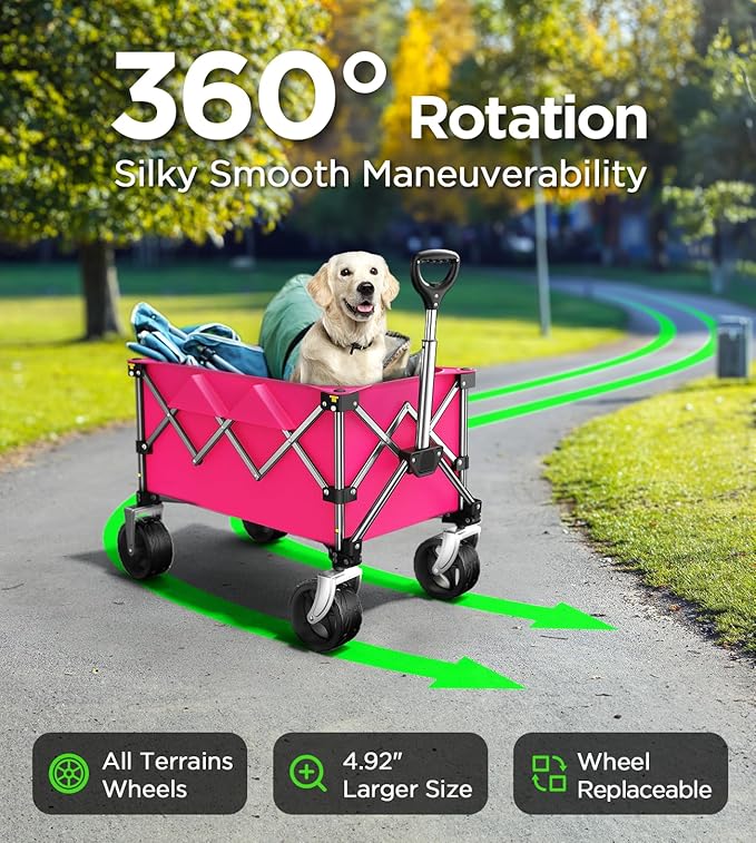 Collapsible Folding Wagon Cart with Large Wheels & 150L Capacity | Heavy-Duty Foldable Utility Wagon for Groceries, Camping, Beach, Sports & Garden Use | Compact Storage, No-Tool Setup-Pink