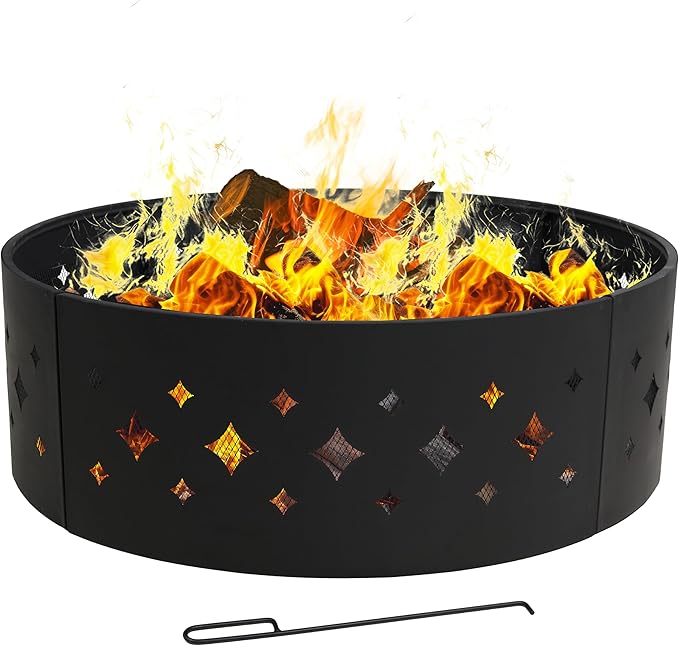 Sunnydaze 36-Inch Outdoor Fire Pit Ring with Poker - Round Heavy-Duty Steel Fire Ring for Camping or Backyard - Diamond - 10" H