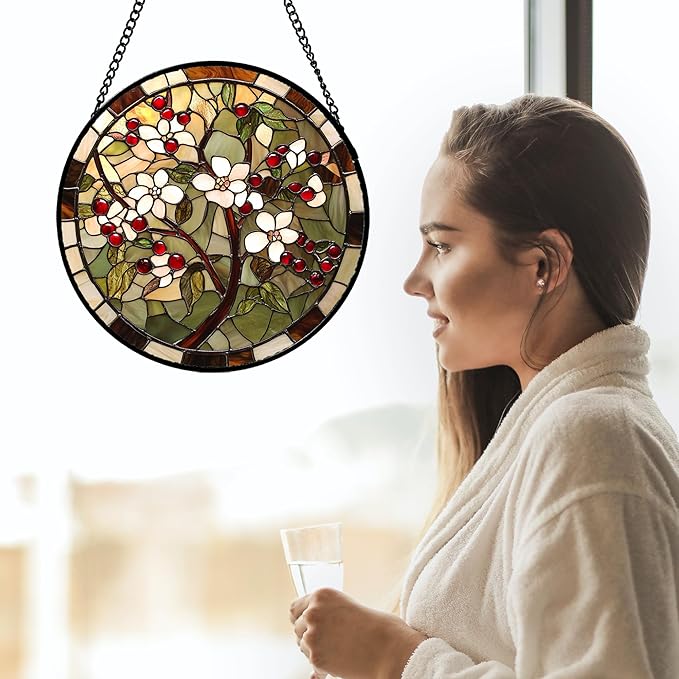 CRIS GIF Stained Glass Window Hanging - Hawthorn Tree Birth Flowers Suncatcher for Doors Garden Patio Sun Catchers Decor Christmas Mother's Day Birthday Gifts for Women Men Mom Nana Friend 7.8 in