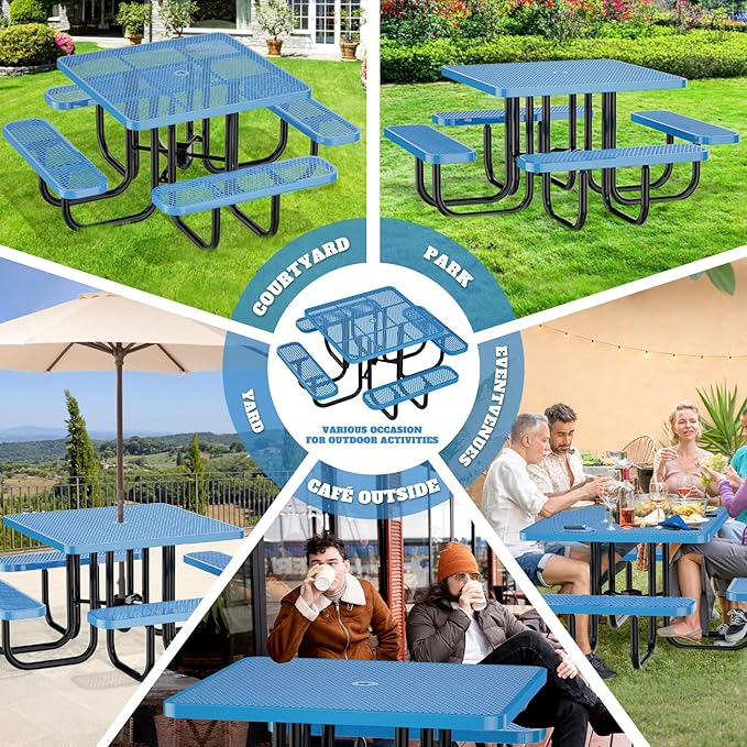 46" Square Top Outdoor Picnic Table Set for Up to 8 Persons, Outside Table Set with 4 Built-in Benches, Metal Commercial Grade Dining Furniture with Umbrella Hole for Garden, Backyard, Patio, Blue