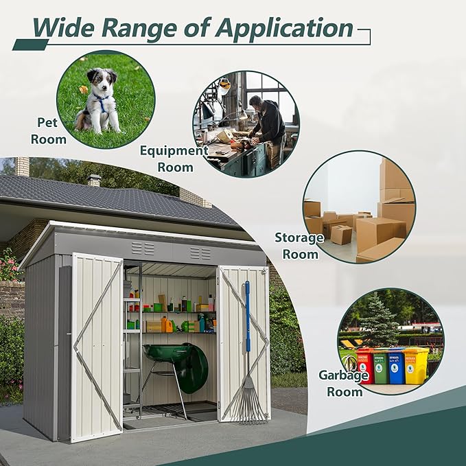 4X8 FT Outdoor Storage Shed W/Floor Base,Metal Shed W/Lockable Door & 2 Air Vents,All Weather Garden Tool House W/Updated Frame Structure,for Backyard Patio Lawn,Gray