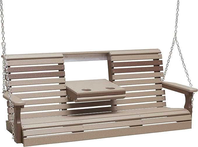 LuxCraft Rollback 5ft Recycled Plastic Plain Porch Swing with Flip Down Center Console