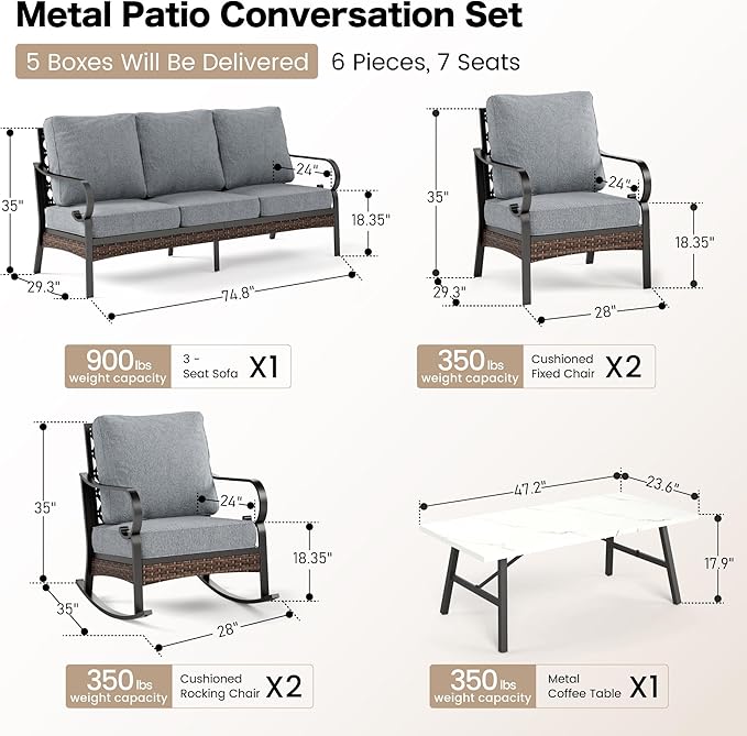 SUNSHINE VALLEY 6 Piece Metal Outdoor Patio Furniture Set, Patio Conversation Set with 1 3-Seater & 2 Fixed Sofas, 2 Rocking Sofas, 5.75" Thick Cushion & Coffee Table, Black & Gray Backyard Furniture