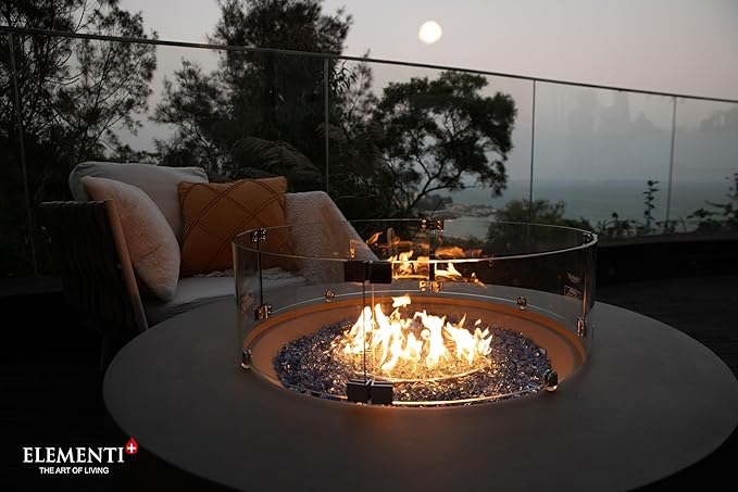 Elementi+ | Bundle Colosseo Gas Fire Pit Cast Concrete 40" Dia. Round Fire Table, Outdoor Fire Pit Electronic Ignition | Canvas Cover, Fire Glass and Burner Lid Included | Light Gray | Propane Gas