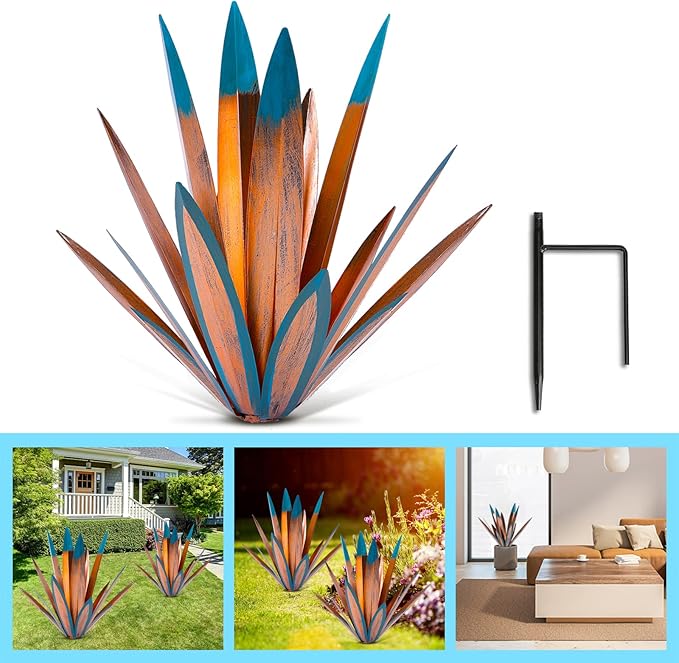 Homight Large Agave Sculpture Rustic Metal Agave Plant Outdoor Interior Decoration Outdoor Lawn Decoration Yard Wooden Posts Matching Garden Suitable for Patio