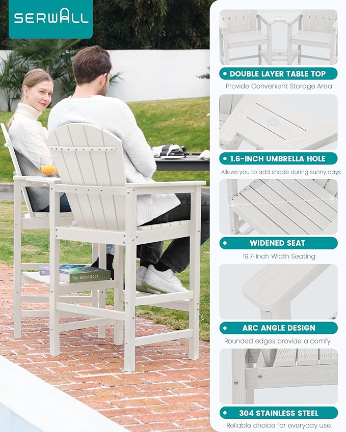 SERWALL Tall Adirondack Chairs Set of 4 with Double Layer Connecting Tray, HDPE Bar Height Outdoor Chairs, Wood-Like Adirondack Bar Stools for Patio, Balcony, Porch, White