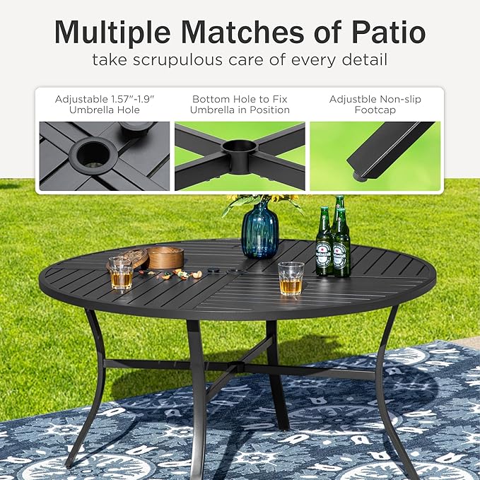PHI VILLA Outdoor Round Dining Table for 4, 42" Large Metal Wrought Iron Table with Umbrella Hole, All Weather Dining Furniture for Patio, Deck, Yard, Porch - Black