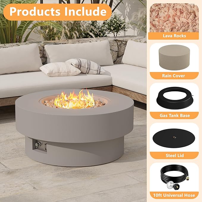 32 inch Outdoor Propane Fire Table, Round Patio Fire Pit Table, 50,000 BTU Gas FirePit with Lid, Cover, Lava Rocks, CSA Certified, Grey