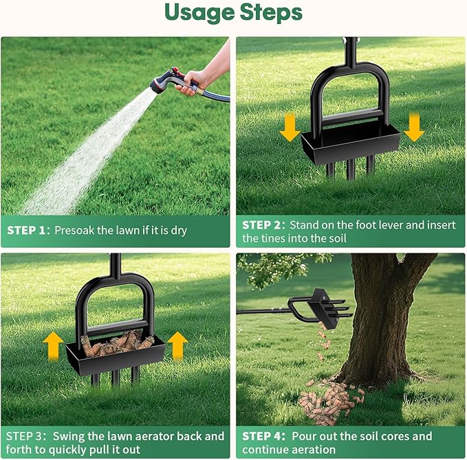 Lawn Aerator Coring Tool, 41" Manual Grass Aerating with Stainless Steel Soil Core Storage Tray, 3 Stainless Steel Corer Plug, for Plant Care, Garden, Lawn, Farm