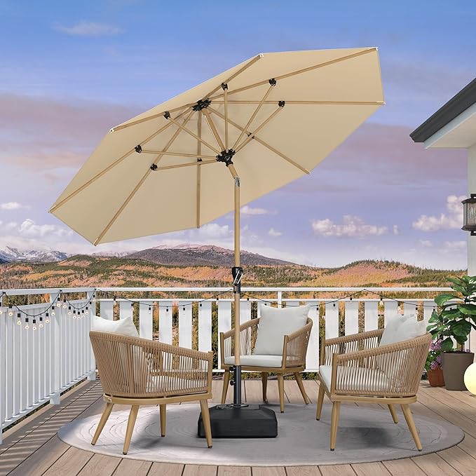 PURPLE LEAF 10 Feet Patio Umbrella with Base Outdoor Umbrella Round Market Umbrella for Table with Push Button Tilt & Crank and 8 Ribs Aluminum Pool Umbrella for Beach Patio, Beige