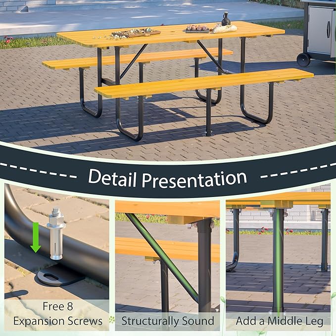 Rueekfil 72" Rectangular Commercial Picnic Table with Wooden Top, Metal Legs, Durable Outdoor Dining Table Camping Table with 1.97" Umbrella Hole for School, Warehouse, Yellow