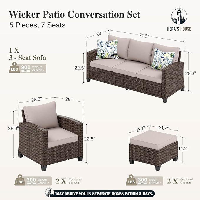 HERA'S HOUSE Patio Furniture Set, 5 Pieces Outdoor Wicker Furniture, All Weather Rattan Patio Conversation Set, Deep Seating Outdoor Sofa Sets for Lawn Deck Backyard, Brown/Beige