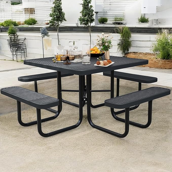 46Inch Square Picnic Table for 8 Person, Outdoor Heavy Duty Sturdy Picnic Tables with 4 Benches & Umbrella Hole, Commercial Metal Patio Picnic Table for Garden, BBQ, Coffee Store, Party, Porch (Black)