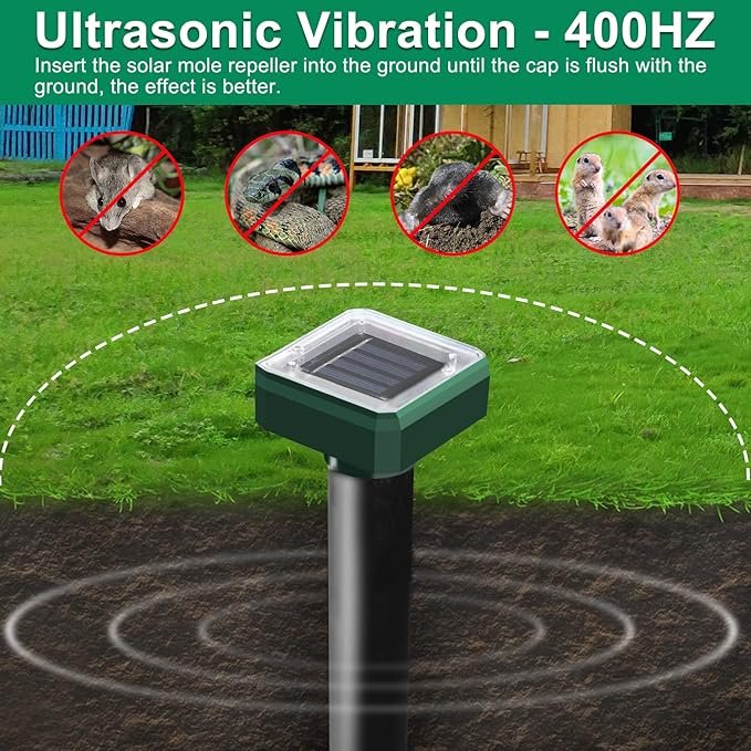 Mole Repellent Solar Powered, 10 Pack Solar Mole Repellents Ultrasonic for Vole, Snakes, Gopher, Waterproof Sonic Vole Deterrent Spikes,Snake Gopher for Garden and Yard