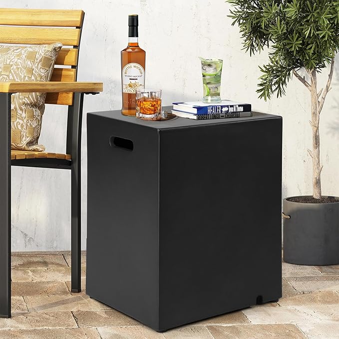 Propane Tank Cover Table Square, Outdoor Tank Covers Propane Storage Box 20 LB Modern Cover Tables with Side Handle, Concrete Hideaway Holder for Patio Backyard Deck (Black)