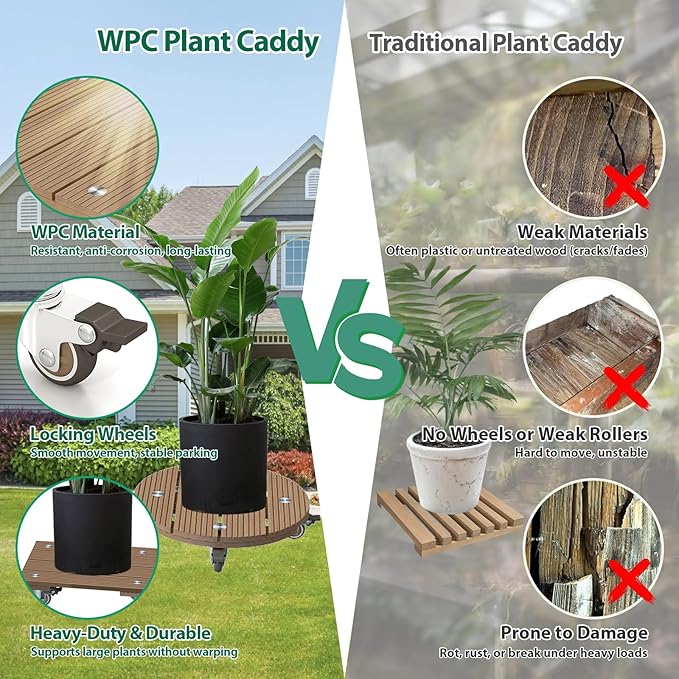 mondaria 2 Pack Plant Caddy with Wheels, Wood Plastic Composite Plant Stand, Heavy Duty Rectangular Plant Dolly with Metal 360° Lockable Caster Wheels for Large Plant Pots, Flower Pot ,Brown