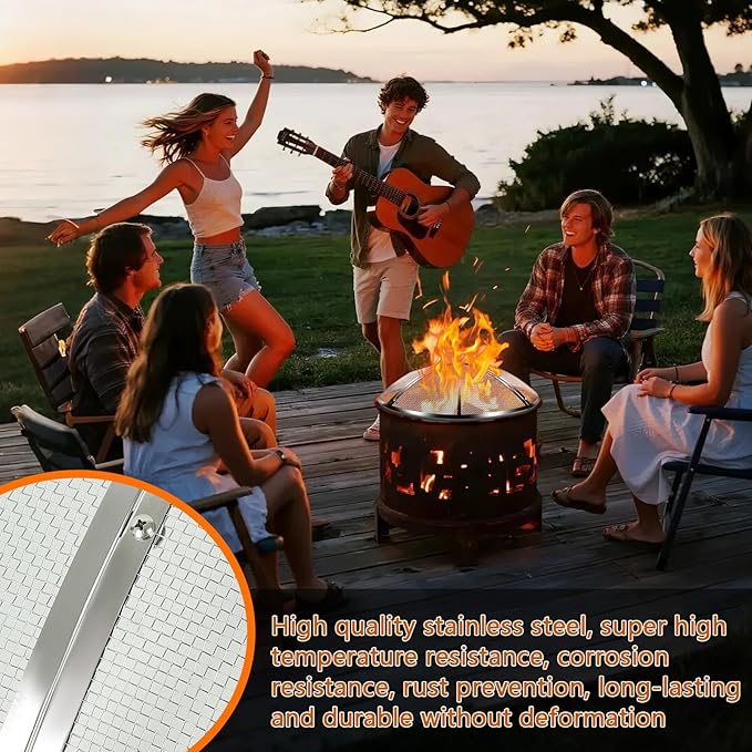 30 Inch Fire Pit Spark Screen,Stainless Steel Fire Pit Screen Cover with Handle&Poker,Outdoor Fire Pit Screen Cover Round Mesh Lid Heavy-Duty for Backyard/Beach/RV Camping