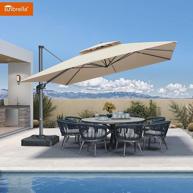 PURPLE LEAF Cantilever Umbrella with Base Included 12FT Outdoor Large Heavy Duty Double Top Offset Hanging 360° Rotation Square Umbrella for Garden Patio Deck Pool Backyard Spectrum Sand