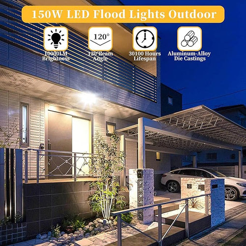 2 Pack 150W LED Flood Lights Outdoor, IP66 Waterproof 15000 LM Super Bright Outdoor Security Lights, Wired LED Work Light with Plug, 6000K Daylight White Floodlights for Garage,Yard,Garden,Patio