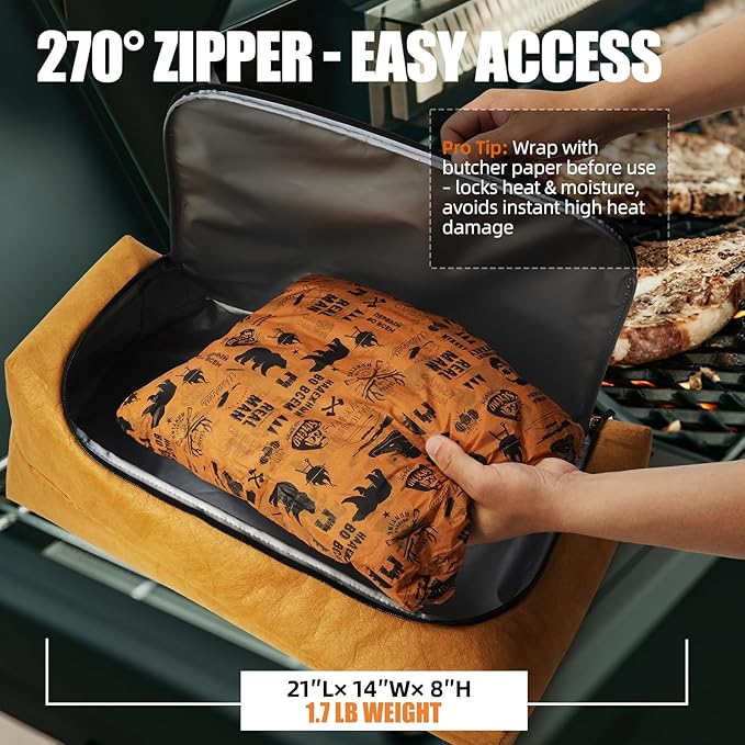 BBQ Blanket for Resting Meat, Leak-Proof & Reusable Insulated Meat Resting Bag, 270° Top Opening for Large Cuts, Meat Smoking Accessories Gifts for Men, Dad, Christmas Stocking Stuffers