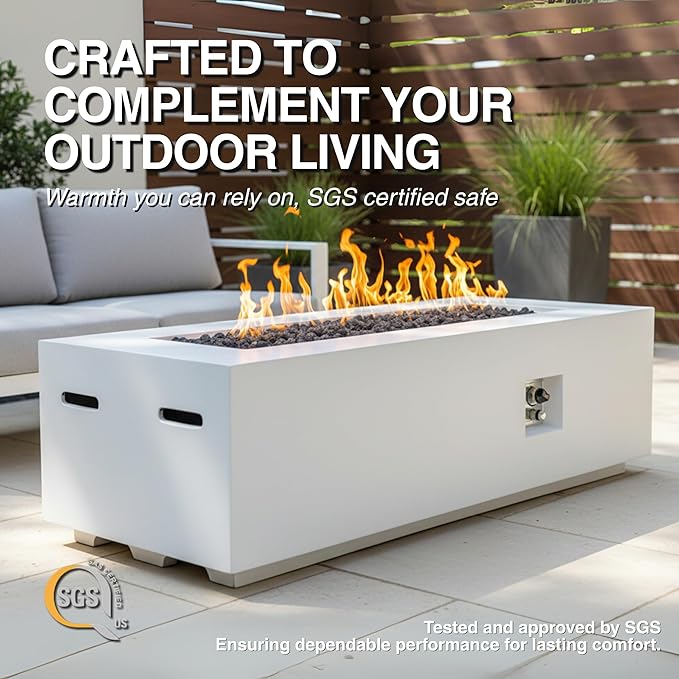60-Inch Rectangular Outdoor Gas Propane Fire Pit Table,60,000 BTU Light Concrete Fire Table with Waterproof Cover, Tank Seat,Free Lava Rocks, for Outside Patio Backyard,White