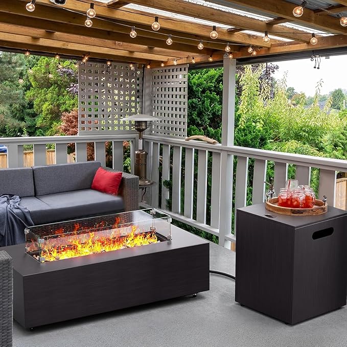 42in Fire Pit Table Propane Fire Pit 2 Piece Rectangular Gas Fire Pits 50,000 BTU with Wind Guard Propane Tank Cover Table Lava Rocks for Outdoor Outside Patio