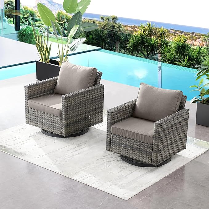 HUMMUH Patio Swivel Chairs Set of 2,PE Wicker Outdoor Rocker Chairs Bistro Set Porch Balcony Furniture with Cushions