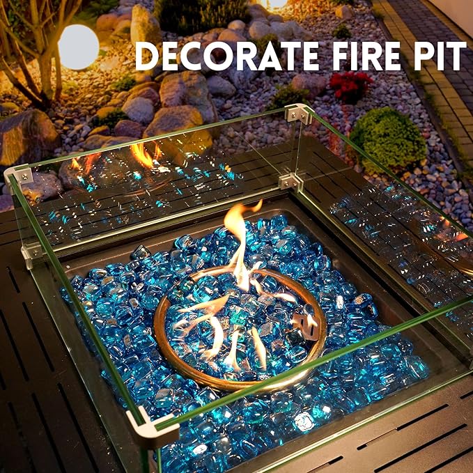 GasSaf Caribbean Blue Fire Glass Cubes for Outdoor Fire Pit, Fireplace, Replaces Existing Gas Logs & Lava Rocks, 1 Inch Glass(20 Pound)(Caribbean Blue Luster)
