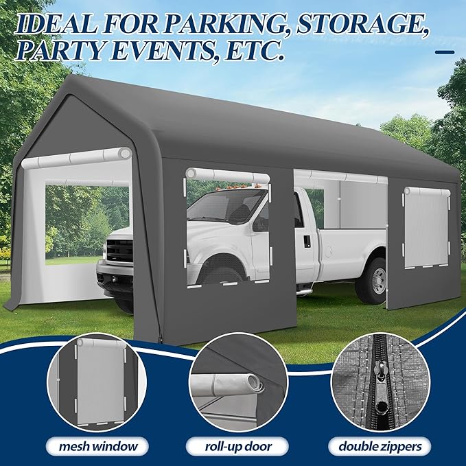 COVERONICS 10x20 FT Heavy Duty Carport Tent - Portable Outdoor Car Canopy with Roll-up Side Doors & Windows, Portable Garage with 4 Sandbags for Car, Truck and Outdoor Event, Grey