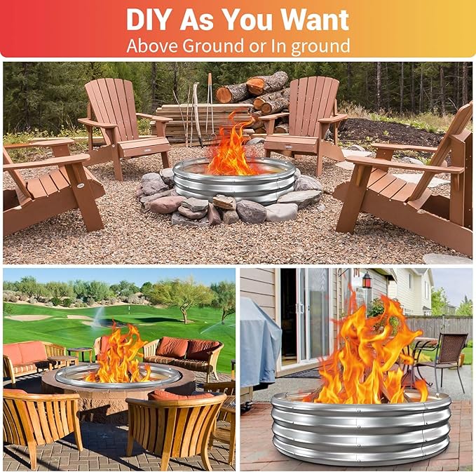 48 Inch Large Outdoor Fire Pit Ring,Heavy Duty High Heat Resistant Wood Burning Firepit for Outside,12" Tall,Galvanized Steel Outdoor Fireplace & Fire Pits Bowl for Backyard Bonfire, Patio,Camping