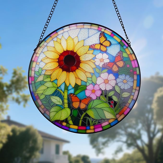 Sunflower Stained Glass Window Hanging Suncatcher – Round Floral Glass Panel for Window, Garden, Wall Decor – Sunflower Gift Suitable for Birthdays and Mother's Day (12 Inch)