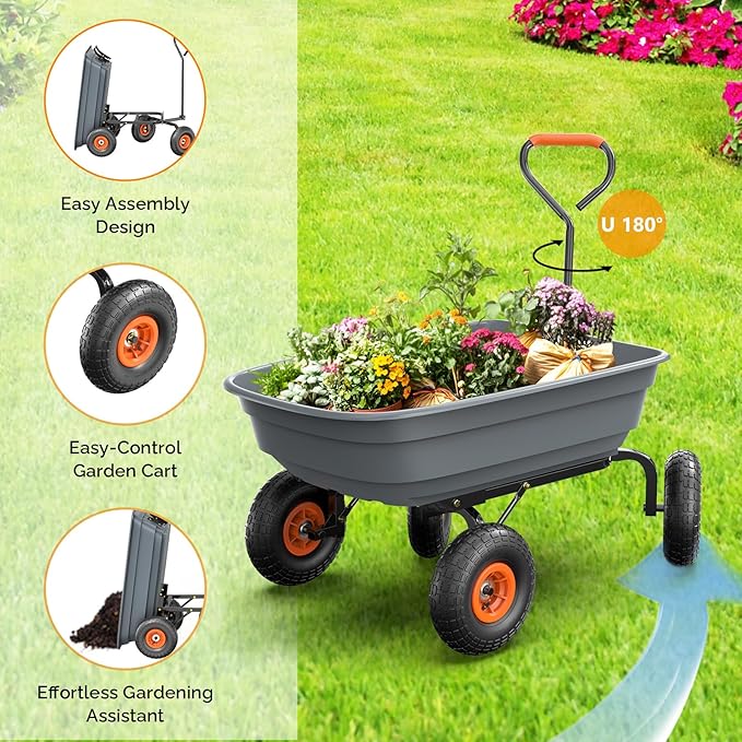 VINGLI Wheelbarrow, Plastic and Steel Wheel Barrel, Garden Cart for Lawn, Gardening, Construction (Gray)