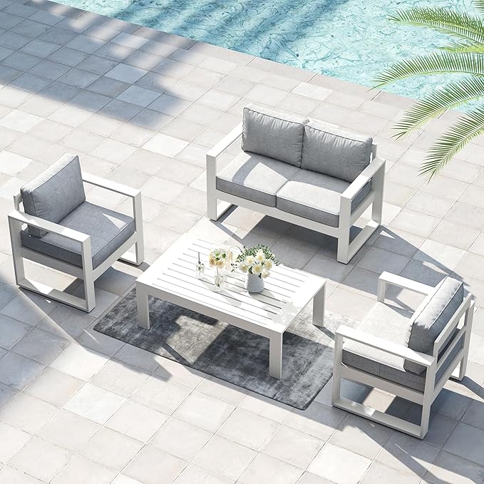 LayinSun 4 Pieces Aluminum Outdoor Patio Furniture Set, Metal Modern Conversation Sofa Set with Coffee Table and Washable Thick Cushions for Porch, Backyard, Deck