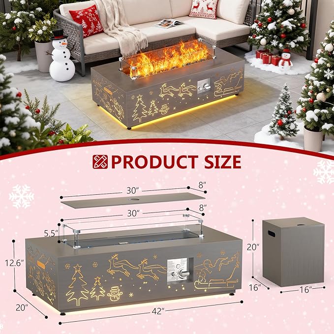 Dineli Propane Fire Pit Table 42 Inch Gas Fire Pits & Outdoor Fireplaces w LED, Tabletop Fire Pit Firepits for Outside Patio, 50,000 BTU (Gray, Christmas Pattern with Warmlight)