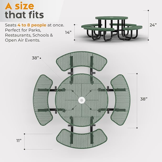 OUTTANS Round Metal Picnic Tables for Kids for Outdoors with Umbrella Hole, Adjustable Seats for School, Park, Playground (Green, 38 in, Kids, Expanded Steel)
