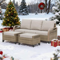 EAGLE PEAK Modern Wicker Outdoor Patio Furniture Set, Patio Conversation Set, a 3-Seat Loveseat and 2 Ottomans, 3 Pieces, Brown/Gray