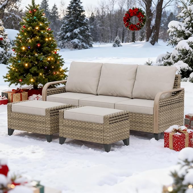 EAGLE PEAK Modern Wicker Outdoor Patio Furniture Set, Patio Conversation Set, a 3-Seat Loveseat and 2 Ottomans, 3 Pieces, Brown/Gray