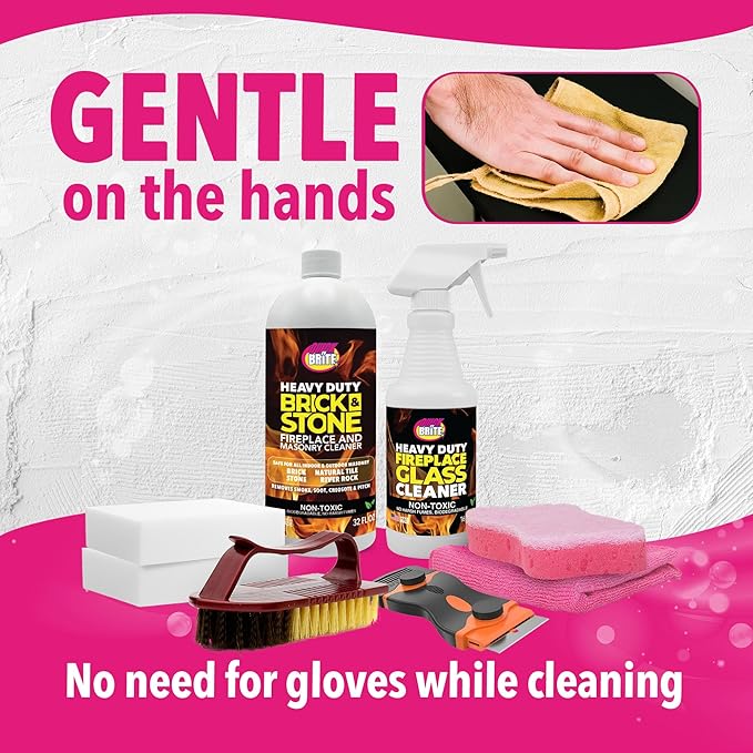 Quick 'n Brite Fireplace Cleaning Kit – Includes 16 oz Fireplace Glass Cleaner, 32 oz Gel Fireplace Cleaner, Scrub Brush, Sponge and Microfiber Towel