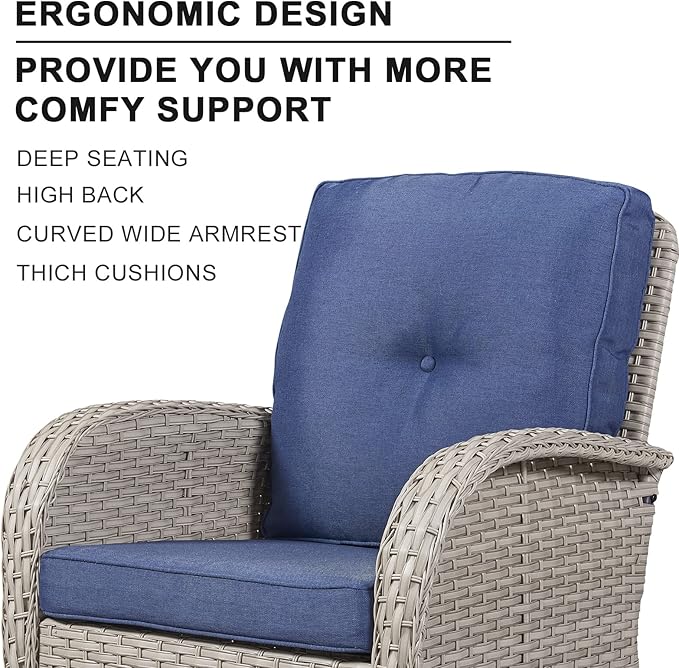 HUMMUH 5-Piece Patio Furniture Wicker Outdoor Conversation Set,All-Weather Rattan Swivel Chairs Bistro Set with Loveseat Coffee Table for Backyard,Poolside,Deck(Grey/Blue)