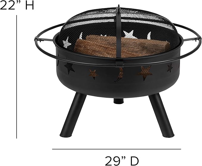 EMMA + OLIVER Campfire Set - Two Green Poly Resin Adirondack Chairs - 29" Star and Moon Fire Pit with Mesh Cover - Weather Resistant - Wood Burning Fire Pit
