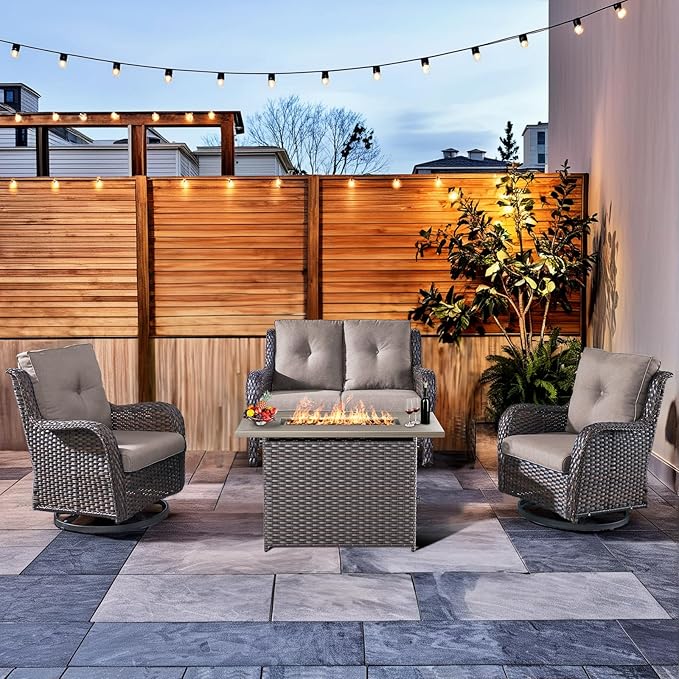 HUMMUH 4-Piece Patio Furniture Set with Fire Pit Table Wicker Outdoor Swivel Rocker Patio Chairs High Back Loveseat Conversation Set for Porch, Backyard, Deck