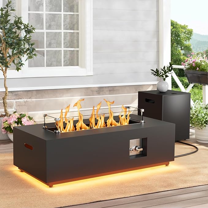 Dineli 2-Piece Outdoor Propane Fire Pit Table Set w Tank Table 42'' Rectangular Firepit Gas Fire Pits for Outside Patio Table Fire Pit w LED, 50,000 BTU (Black, with Warmlight)