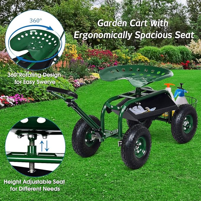 Goplus Rolling Garden Cart with Seat, Outdoor Garden Stool with Wheels, Tool Tray & Basket, Adjustable Steering Handle, 360 Degree Swivel Seat for Planting, Gardening Scooter for Lawn, Yard, Patio
