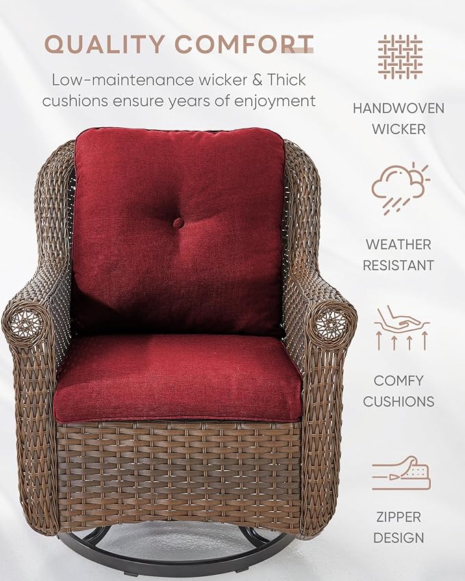 Patio Chairs Outdoor Swivel Glider - Set of 2 High Back Outside Brown Wicker Rattan Rocking Chair with Thick Cushion for Porch Apartment Deck Yard Poolside Garden - Red